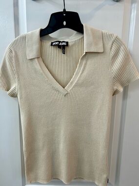 DKNY Jeans Ribbed Collared Knit Top – Cream, Size L, Excellent Condition